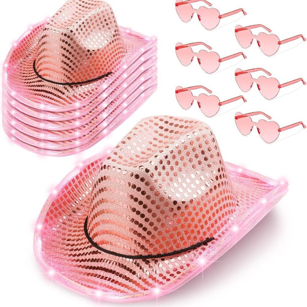 6 Pack Led Cowboy Hats Light Up Glitter Pink Party Costumes Accessories